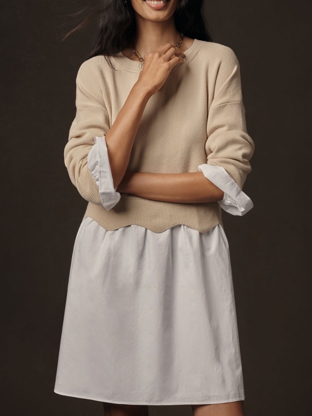 English Factory Linen Blend Long-Sleeve Sweater Twofer Mini Dress Size L